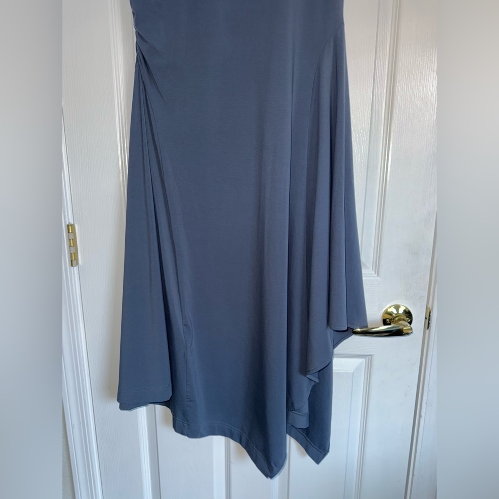 COS Steel Blue Asymmetric Flow Ruched Stretch Cotton Jersey T-Shirt Midi Dress L - Picture 10 of 13